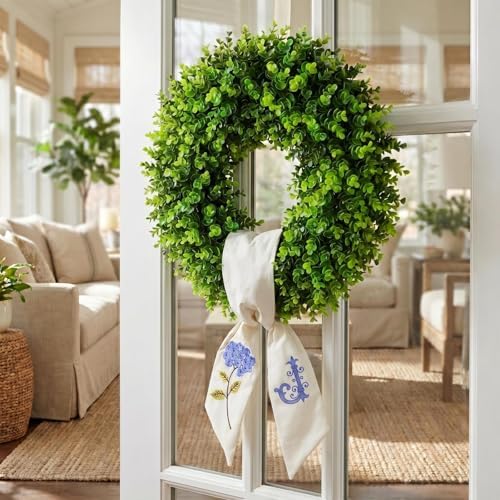 Boxwood Wreath for Front Door Spring Summer Wreaths Farmhouse Door Hanger,Last Name Year Round Porch Decor,20 inch Multi Occasion use Wreath with Personalized Monagram sash Embroidered -(J) - Image 7