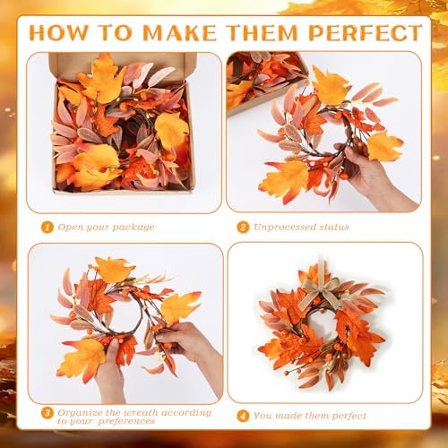 6 PCS Mini Fall Wreaths for Kitchen Cabinet 9 Inch Fall Maple Leaf Wreath for Front Door Small Autumn Hanging Wreath Thanksgiving Candle Ring for Farmhouse Home Porch Wall Window Table Decoration - Image 4
