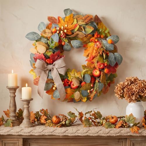Suncalla 24" Fall Apple Wreath for Front Door, Maple Leaves Harvest Decor - Image 5