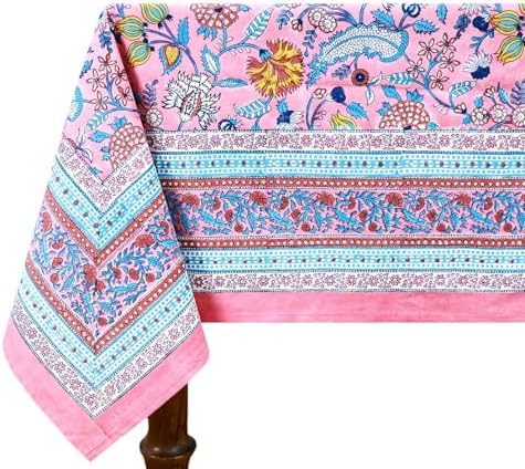 90x90 Inches Square Hand Block Printed Cotton Tablecloth, Pink Blue Floral Table Cloths Washable, Indian Table Linen for Halloween Christmas Outdoor Thanksgiving Gifts Home Decor Dinning Outdoor by HomeSpunCrafts