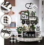 Two Tiered Tray with 11 Pcs Wooden Signs Decor, Plaid Style - Image 4