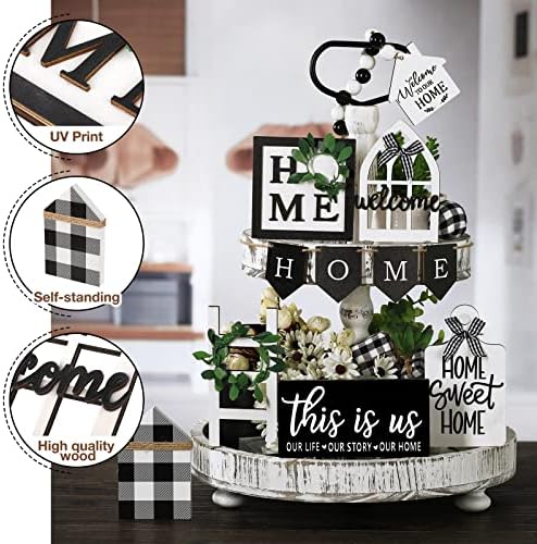 Two Tiered Tray with 11 Pcs Wooden Signs Decor, Plaid Style - Image 4