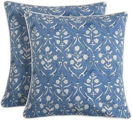 Ridhi Block Print Cornflower Blue Pillow Cover 20" x 20" (Pack of 2) Decorative Couch Pillows for Living Room, Chic Boho Cute Outdoor Pillows Covers Gifts for Spring, Easter and Valentine by Ridhi