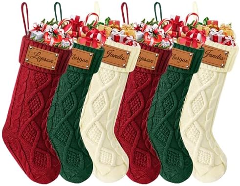 Personalized Christmas Stockings, Custom Engraving Christmas Stockings 8 Pack with Names, 18” Large Knitted Xmas Stocking for Family Kids, Fireplace Hanging Holiday Christmas Party Decoration by Bianspz