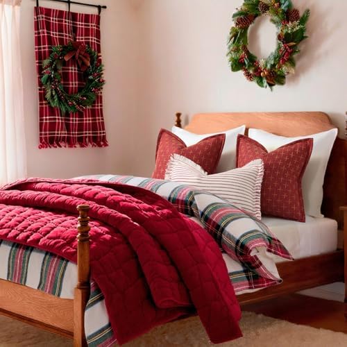 ZWJD Christmas Pillow Covers 24x24 Set of 2 Soft Polyester Textured Red Pillows with Stylish Flange Edge Cozy Farmhouse Christmas Decor for Couch Bed Sofa Living Room (Red) - Image 6