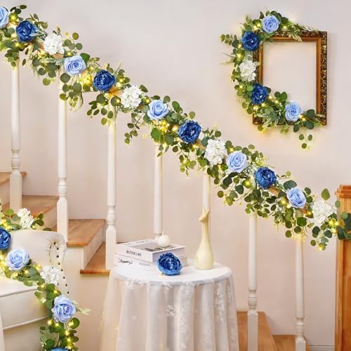 Livole 2Pcs 12 Ft Flower Garland with Light, Blue Peony Floral Garland - Image 6