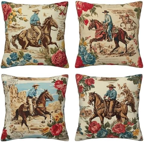 Western Horse Throw Pillow Covers 18 X 18 Inch Set of 4 Decorative Cushion Cover Home Decor for Sofa Chair Couch Bedroom Living Room by Zntuv