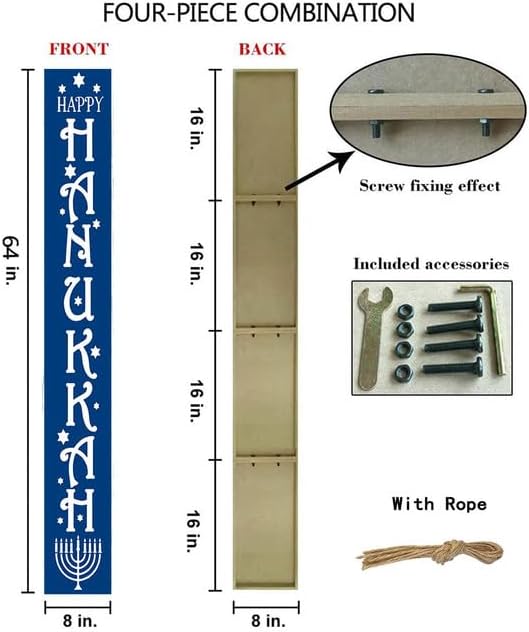 FemiaD Tall Outdoor Happy Hanukkah Sign for Front Door,Wooden Tall Welcome Sign For Front Porch,Farmhouse Happy Hanukkah Porch Sign Wood Vertical Decor for Jewish Chanukah Party Decor 8x63inch - Image 4