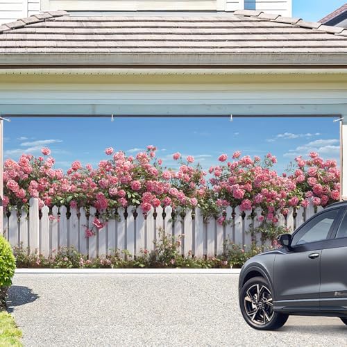 Rose Garden Garage Door Banner 6x13FT, Pink Roses and White Fence Garage Door Cover, Large Outdoor Floral Decoration for Garage Doors, Garden Fence & Spring Summer Party Backdrop - Image 2