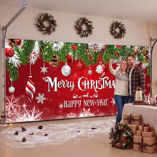 WovWeave 7 x 16 Ft Christmas Garage Door Cover, Happy New Year Red Ornament - Image 6