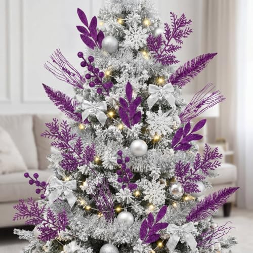 Purple 66 Pcs Christmas Glitter Picks and Sprays, Xmas Artificial Floral Stems Branches Berry Leaf Pine for Tree Topper Wreath Garland Centerpiece Holiday Party Home Decor - Image 3