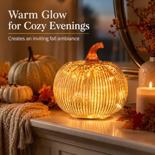 Gold Mercury Glass Pumpkin Light with 2 Lighting Modes and 6-Hour Timer, 5.5 x 6 Inch Battery Operated Fall Decor for Thanksgiving and Christmas Table Centerpiece - Image 2