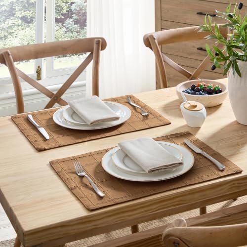 ZeeMart Linen Checked Farmhouse Placemats Set of 6, Caramel 13x19in - Image 2