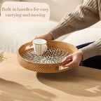 YANGQIHOME Round Rattan Tray with Handle, Mother of Pearl Inlay Decorative Wicker Basket for Coffee, Bread, Fruits, Serving Tray for Home Decor, Blue Leaf - Image 2