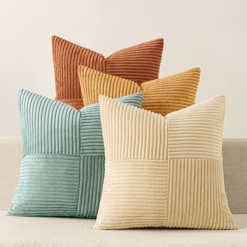 MIULEE Fall Boho Farmhouse Decorative Throw Pillow Covers 18x18 Inch 4 Packs Soft Vintage Pillow Cases Modern Corduroy Patchwork Cushion Covers for Couch Sofa Bed Home Decor, Teal-Rust by MIULEE