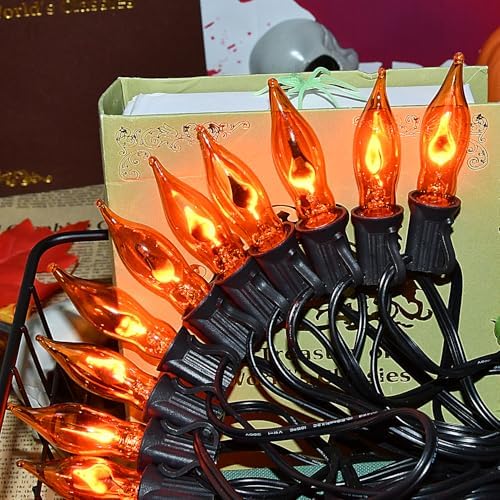 27.8Ft Orange Halloween Lights - Flickering Flame String Lights Orange Flickering String Lights with 25 +4 Pack C18 Flame Light Bulbs for Fall Halloween Decorations Indoor Outdoor Home Party Mantel - Image 3