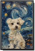 Metal Sign Vintage Tin Sign Maltese Starry Night Maltese Fluffy Maltese in Night for Home Apartment and Seasonal Celebrations Corrosion Resistant Aluminum 6×8 Inches with Metal Frame by YmyooForTinSign
