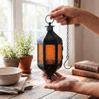 Vela Lanterns Hanging Moroccan Lamp - Exotic Decorative Patio & Porch Decor, Indoor Outdoor Tea Light Candle Lantern Holder with Chain (11" Medium, Amber Glass, 3-Pack) - Image 4