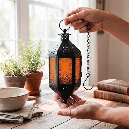 Vela Lanterns Hanging Moroccan Lamp - Exotic Decorative Patio & Porch Decor, Indoor Outdoor Tea Light Candle Lantern Holder with Chain (11" Medium, Amber Glass, 3-Pack) - Image 4