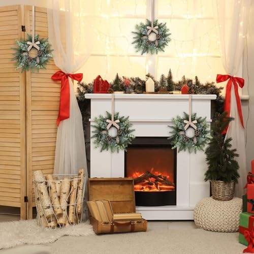 8 PCS Christmas Mini Cabinet Wreaths for Kitchen with Burlap Ribbon Norfolk Snowy Pine Needles Garland Pinecones Artificial Cedar Wreaths for Xmas Front Door Window Home Table Pillar Chair Wall Decor - Image 6