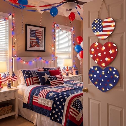 Barydat 3 Pcs 4th of July Decorations Patriotic Lighted Wooden Sign Red White Blue Heart Glitter Hanging Wreaths Plaque with LED Light for 250th Anniversary Independence Day Front Door Porch - Image 2