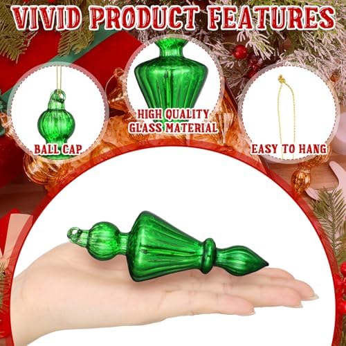 Mifoci 8 Pcs 6 Inch Mercury Glass Finial Christmas Ornaments,Red,Gold,Green - Image 5