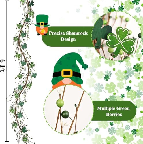 2 Pcs 6 Ft St Patrick's Day Garland with Light, Lighted Shamrock Garlands, Green Colored Wooden Shamrock and Berry Clover for St Patrick's Day Decor - Image 4