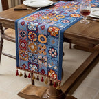 Luxury Vintage Blue Floral Table Runner 83in Long - Embroidery Jacquard Fabric with Multi-Tassels, Dining Room Dresser Decor for Wedding Holiday Party Fireplace (is-Blue, 13.7"x83") by Unknown