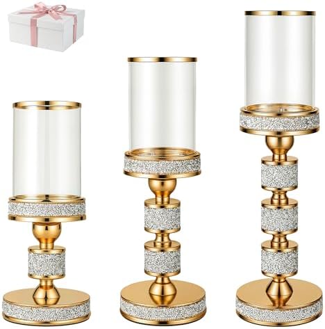 Hurricane Candle Holder, 15.9" Tall Metal Candle Stand, Glass Pillar Holder by DOUNX