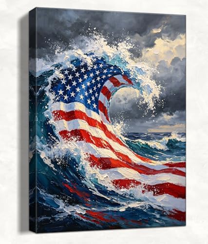 July 4th Patriotic Canvas Wall Art 4th of July USA Decorations American Flag Ocean Waves Abstract Picture Wall Decor Independence Day Home Decor 16x24in by HomeifHue