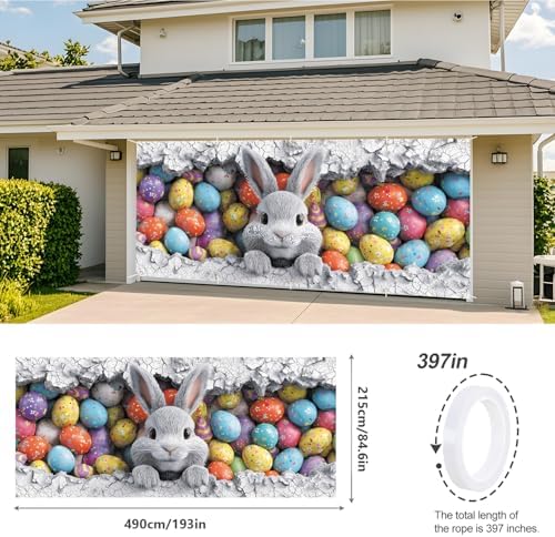 ANNA QUEEN Easter Bunny Garage Door Banner 7x16FT, Cute Rabbit Peeking Cracked Wall Garage Door Cover with Colorful Eggs, Large Outdoor Spring Decoration Backdrop for Double Garage Door & Egg Hunt Party - Image 3