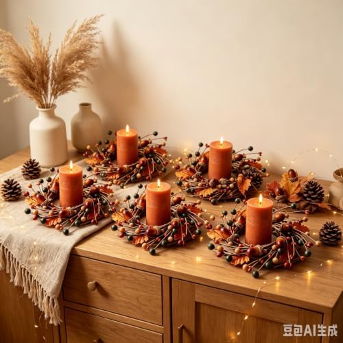 6 Pcs Mini Fall Candle Ring Wreaths Autumn Acorns Berries Mixed Oak Leaves Artificial Pillar Candle Holder Wreath for Farmhouse Thanksgiving Harvest Porch Front Door Cabinets Table Decoration - Image 5