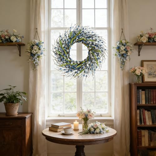 Spring Wreath Door Decoration with Blue Leaves and Forsythia - Image 7