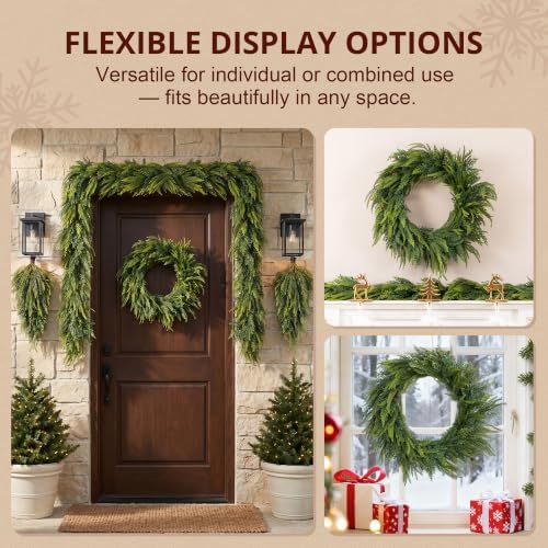 Glitzhome 25" D Christmas Norfolk Pine Wreath, Artificial Greenery Wreath Mixed PE Dripping with Pinecones, Christmas Wreaths for Front Door, Wall, Windows, Home, Outdoor, Xmas Decorations - Image 6