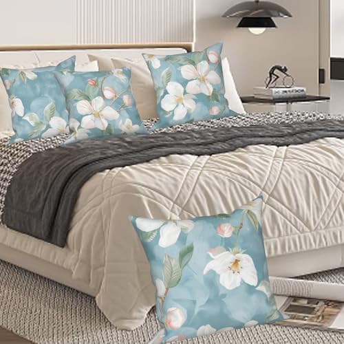 White Floral Throw Pillow Cases 24"x24" Set of 4, Blooming Flowers Couch Pillow Covers Spring Decorative Cushion Covers for Sofa Chair Bed Living Room Garden Farmhouse Car Indoor Outdoor - Image 3