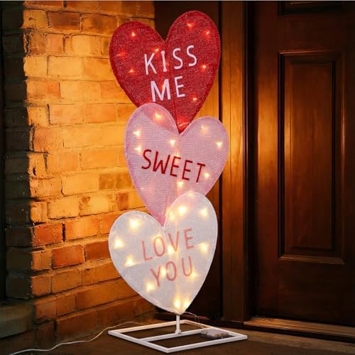 VIHOSE Valentine's Day Heart Lights 41 Inch H Pre-lit Lighted Heart Decor with 50 Warm White Lights Valentine's Day Conversation Candy Hearts Decoration for Indoor Outdoor Porch Garden Lawn(Classic) - Image 5