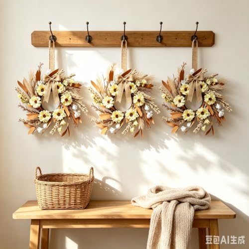 6 Pcs Small Fall Hanging Wreaths with Artificial Autumn Daisy Flowers Brown Leaves Wheat Sprigs Burlap Bow Mini Cabinet Wreath for Home Table Centerpieces Kitchen Farmhouse Thanksgiving Harvest Decor - Image 4