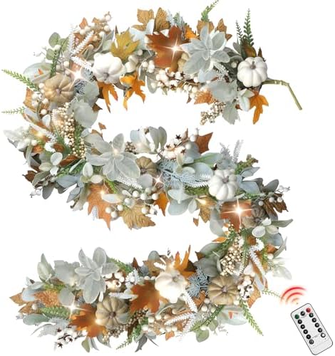 Fall Mantel Garland Decor for Home - 6 Ft Autumn Leaves Table Garlands with Lights Decorations for Thanksgiving and Halloween Leaf Centerpieces for Bedroom Tables Stair Porch Outdoor Farmhouse by NUTIKAS