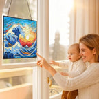 Rectangle Ocean Wave Stained Glass Suncatcher 4 Season Colorful Window Wall Ornament Hand-Painted Glass Panel Decor Gift for Women Christmas Thanksgiving Gift 15"x11" - Image 5