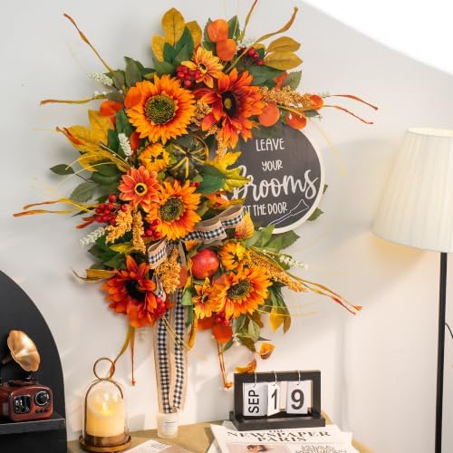 Fall Wreaths for Front Door 24 Inch Outside, Autumn Rustic Sunflower Wreath - Image 6