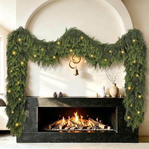 9Ft Christmas Cedar Garland with Lights Christmas Decorations, Real Touch Soft Lush Green Pine Cedar Garland for Mantel Front Door Porch Fireplace Stairs Table Outdoor Indoor Holiday Home Decor by Unknown