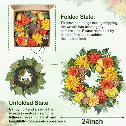 24-Inch Fall Wreaths for Front Door with Hydrangeas Dahlias Daisy Silk Flowers and Berry Greenery for All Seasons Indoor Outdoor Wedding Farmhouse Porch Wall Living Room Home Wedding Decor - Image 5