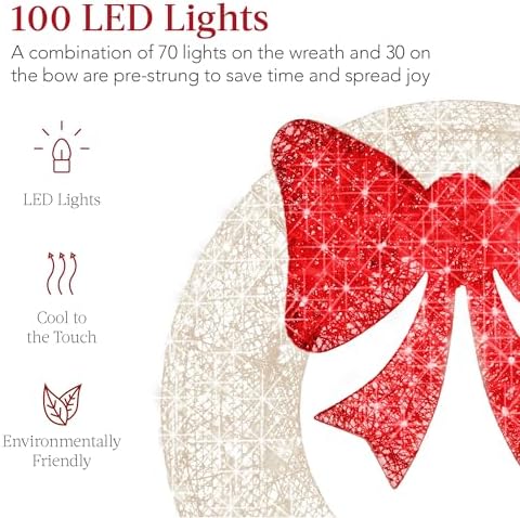 Best Choice Products 30in Pre-Lit Outdoor Christmas Wreath Decoration, LED Metal Holiday Decor for Home w/ 100 Lights, Bow - White/Red - Image 3