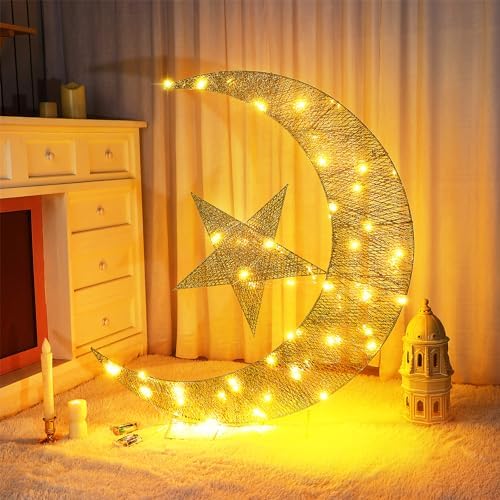 Glooglitter Pre-lit Eid Mubarak Decorations for Home Metal Eid Star Moon Crescent Light Ramadan Decorations Outdoor Lighted Night Lamp Sign with LED String for Yard Lawn Pathway by Glooglitter