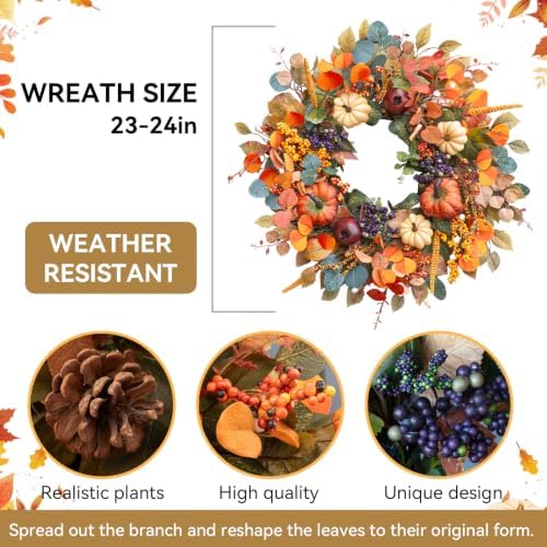 Fall Wreaths for Front Door 24 Inch Autumn Rustic Farmhouse Harvest Wreath - Image 4