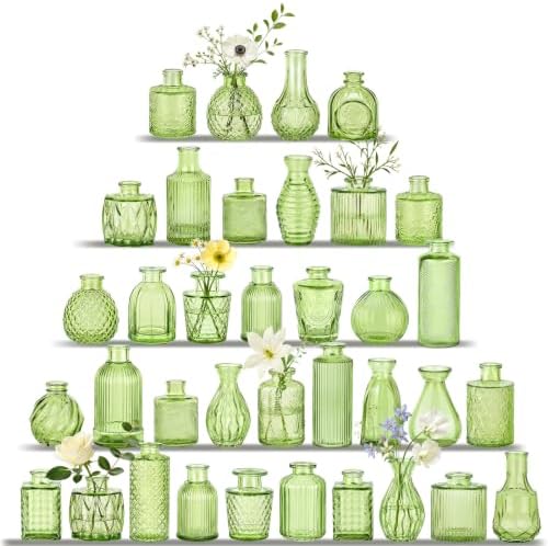 UPBUD Green Glass Bud Vases Set of 36, Small Vases for Flowers by UPBUD