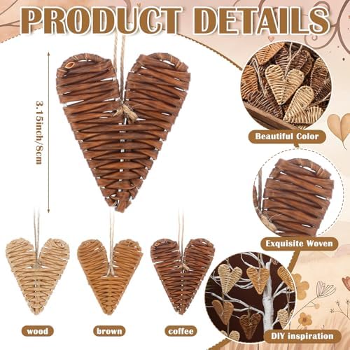 Vercraft 24 Pcs Farmhouse Rustic Heart Christmas Ornaments 3.15'' Rattan - Image 3
