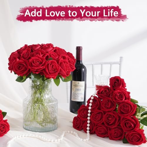 100Pcs Red Roses Artificial Flowers, Real Touch Velvet Fake Roses Bouquet - Image 4