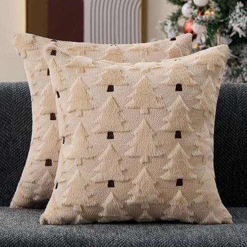 Allorry Christmas Pillow Covers 20x20 inch Set of 2 Christmas Decorations Soft Plush Faux Fur Wool Beige Christmas Tree Throw Pillow Cases Winter Holiday Decor for Sofa Living Room PT-012R20 by Allorry
