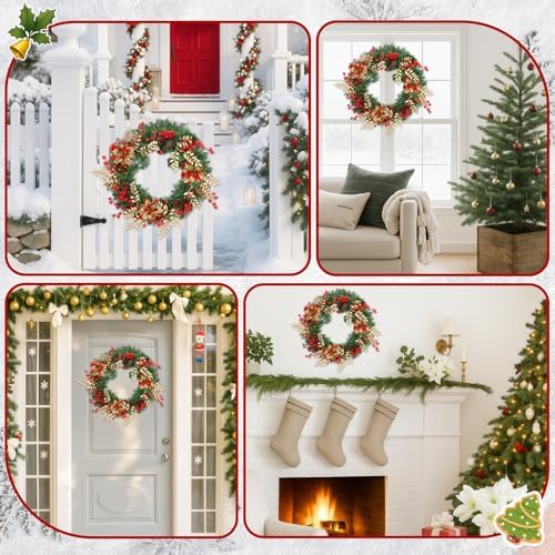 Christmas Wreaths for Front Door Decor Flower, 22" Winter Poinsettia - Image 5